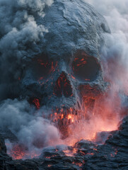 Erupting volcanic rock formation shaped like a massive skull with glowing molten lava and plumes of smoke creating a dramatic and intense natural scene