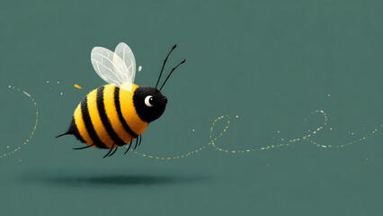 Buzzing Bee's Flight: An endearing, animated bee, radiates joy in its flight, leaving a trail of glistening sparkles against a muted backdrop. The illustration portrays a whimsical feeling.