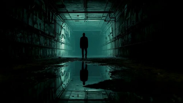 Silhouette of lone person standing in flooded underground corridor with teal lighting reflections