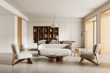 Modern minimalist living room interior with neutral tones, wooden accents, and contemporary furniture in cozy daylight setting. 3D Rendering