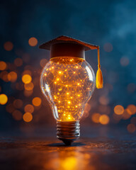 Innovative light bulb with digital network connections wearing a graduation cap on a dark background