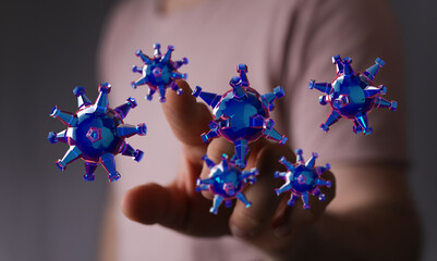 3D render illustration of a hand interacting with digital representation of coronavirus with a blurred backgro