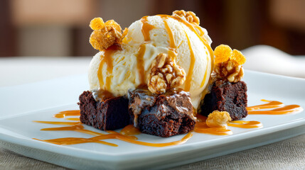 Dessert featuring vanilla ice cream scoops on chocolate brownie cubes topped with walnuts and golden caramel drizzle on a white plate served in a cozy setting