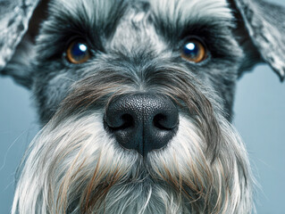 Close-up view of a gray and white dog's face focusing on the textured nose and amber eyes with detailed fur against a soft blue background