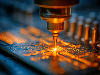 High precision industrial machine applying detailed soldering to a complex electronic circuit board with glowing orange highlights and focused lighting