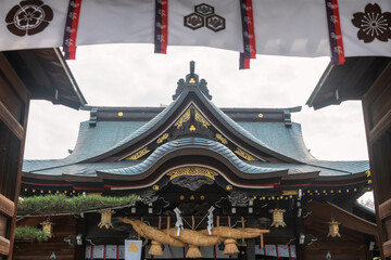 Kushida Shrine with big rope view from gate, Fukuoka, Japan