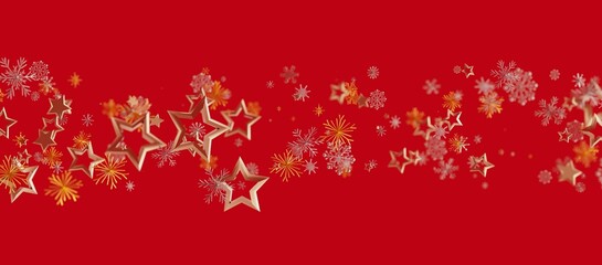 Christmas background with gold stars and snowflakes floating over a red backdrop, perfect for seasonal designs. Holiday, celebration,