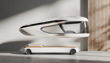 Conceptual design of a modular autonomous transport system featuring a sleek levitating cabin over an electric platform