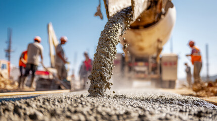 Fresh concrete being poured from a mixer truck onto a construction site with workers smoothing and preparing the surface under a clear blue sky during daytime