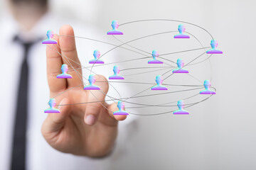 Hand interacting with a network concept with people icons. Representing connection, communication, social media, and business in the future.