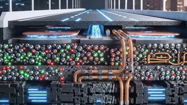 Cross-section of a smart road shows illuminated layers, with cabling and integrated lights
