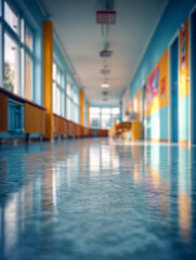 Bright school hallway with colorful walls, large windows letting in natural light, and shiny reflective flooring creating a welcoming educational environment