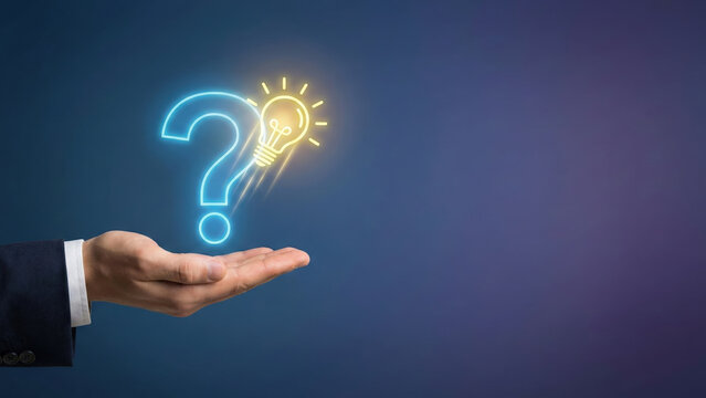 Question mark light bulb hand business suit idea innovation creativity glowing blue yellow concept solution inspiration technology symbol thinking - Powered by Adobe
