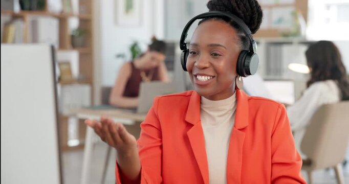 Happy woman, headphones or discussion with video call for consultation or online advice in office. Female person, financial advisor or webinar with documents for customer service or virtual meeting