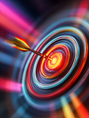 Vibrant dart hitting the bright bullseye center of a colorful spinning target symbolizing precision, focus, and achieving goals in a dynamic motion blur effect
