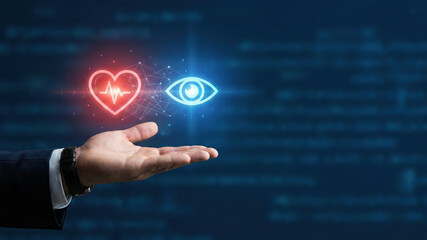 Hand with glowing heart and eye icons representing health and vision care technology on blue background