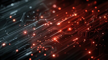 Fototapeta premium Lines and dots in red and black show a digital scene. This artwork highlights connections and movement symbolizing data and technology. It captures a lively view of the digital world.