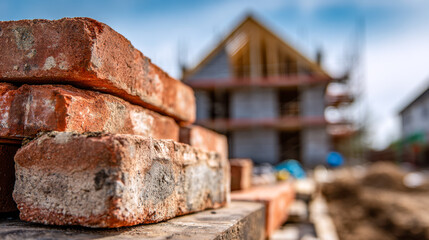 Stacked red bricks in the foreground with a blurred view of a house under construction and scaffolding on a sunny day at a building site