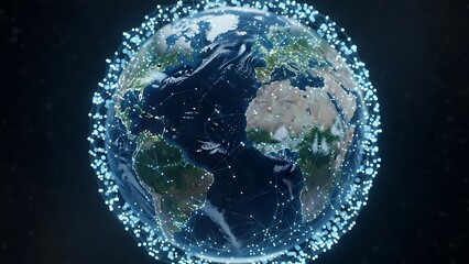 Glowing blue energy particles orbit the earth in a futuristic digital representation of global connectivity