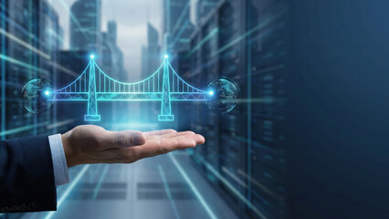 Digital bridge hologram above hand with futuristic data connection and server room background