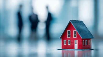 Small red house model in sharp focus on a reflective surface with blurred corporate professionals in background symbolizing real estate and property investment conce
