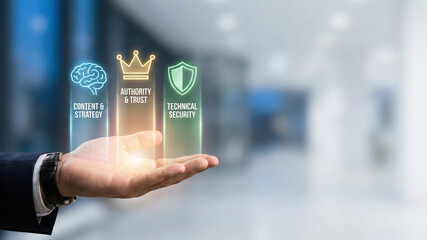 Hand holding glowing icons representing content strategy, authority, trust, and technical security in modern business environment
