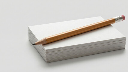 Stack of blank white paper with wooden pencil on top, symbolizing creativity and writing inspiration in clean workspace