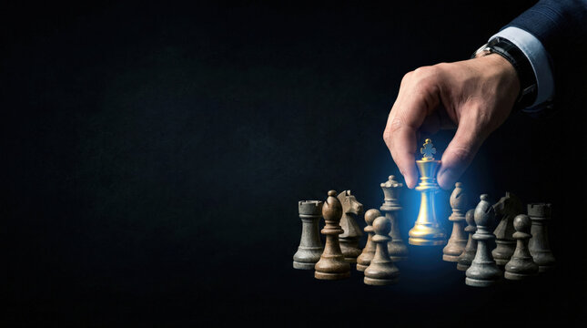 Chess king piece hand holding chess piece strategy game business concept dark background leadership decision making competition success challenge