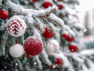 Snow-covered pine tree branches decorated with festive red and white baubles during a gentle winter snowfall creating a cozy holiday atmosphere
