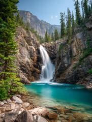 Serene mountain waterfall cascading into a crystal clear turquoise pool surrounded by rocky cliffs and lush evergreen trees under a bright blue sky