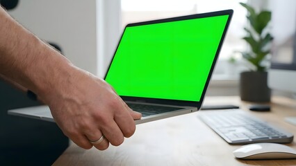 Person Using Laptop with Green Screen Display in Office.