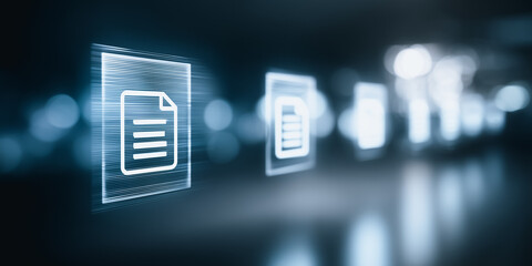 Illustrative image representing digital documentation, displaying several illuminated document icons within a blurred and futuristic environment.