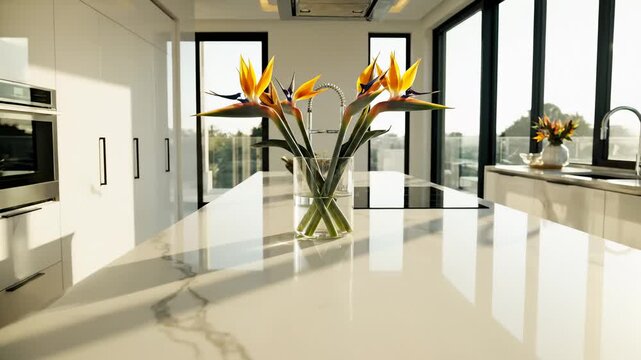 Bird of Paradise Flowers in Vase in Modern Kitchen