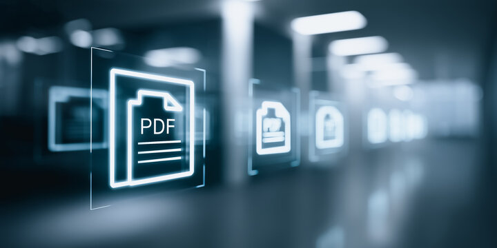 Illuminated PDF document icons representing information and data on a digital interface. Showcasing the seamless flow of data in the digital realm.
