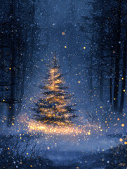 Enchanting forest pine tree glowing with golden fairy lights surrounded by softly falling snow in a magical winter night scene full of warmth and mystery