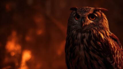 Majestic owl illuminated by fiery warm light in a dark forest setting