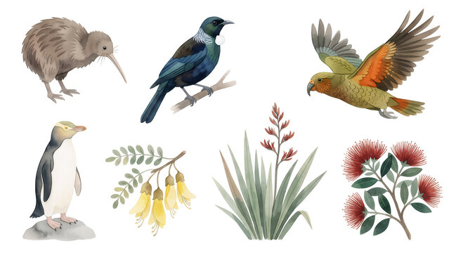 New Zealand Native Birds and Flora Watercolor Collection