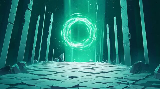 Mystical ancient ruins featuring tall, crumbling pillars framing a vibrant, glowing green energy portal, radiating light onto the cracked stone ground in a mysterious, dark environment