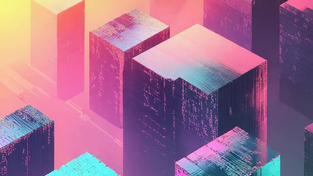 Digital data flowing through abstract block buildings in an isometric perspective, creating a futuristic cityscape with vibrant pink, purple, and blue hues