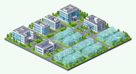 Modern Corporate Campus with Green Spaces and Solar Panels.