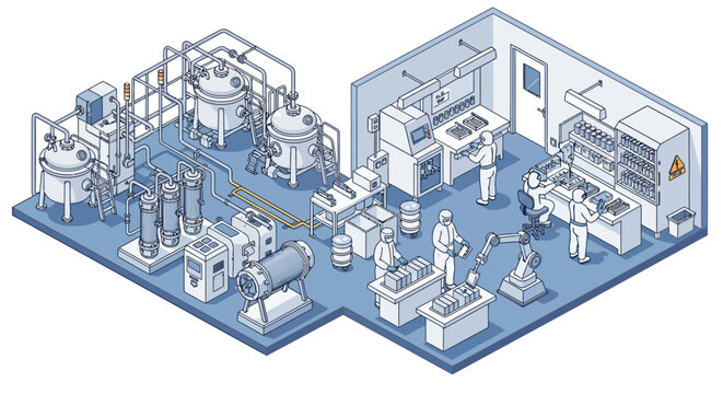 Modern Pharmaceutical Manufacturing Facility with Advanced Equipment and Personnel.