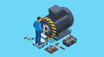 Technician working on industrial motor with tools for maintenance and repair.