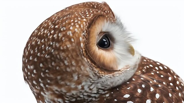 Close up of an owl with big eyes and brown feathers.