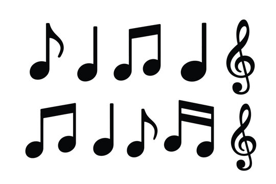 Musical notes and treble clefs, black icons isolated on white background, ideal for music notation, composition graphics, symphony and melody visualization, sheet music, digital