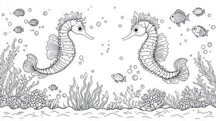 Obraz premium Two seahorses facing, ocean plants, small fish, underwater scene, coloring book page