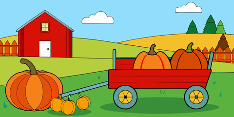Fototapeta premium Red cart and pumpkins arrangement in the lawn at the farm in Michigan uring autumn . 