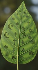 Green leaf with carved symbols representing various world religions and spiritualities.