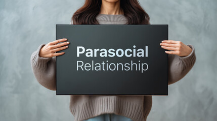 Parasocial relationship concept card with serious female hand holding black sign board showing psychology text communication message