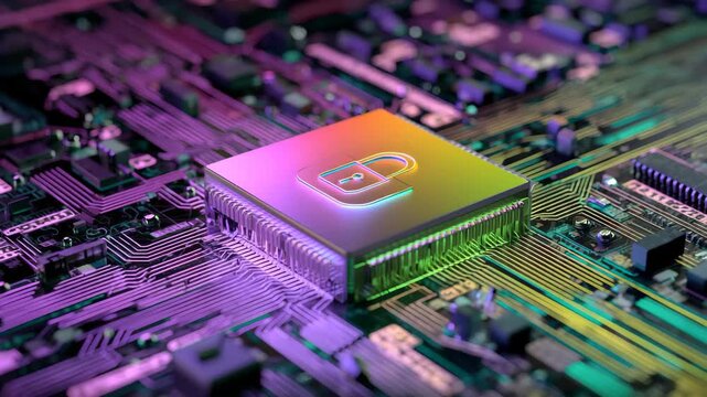 Colorful microchip with security lock symbol on circuit board highlighting technology and data protection