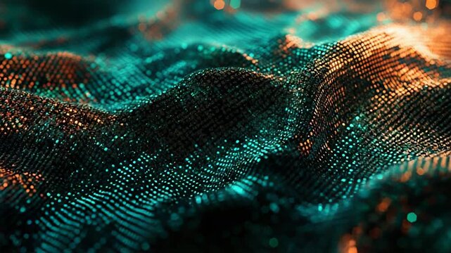 Abstract digital waves forming a textured surface with glowing teal and orange, symbolizing network connection, big data flow, and modern technology